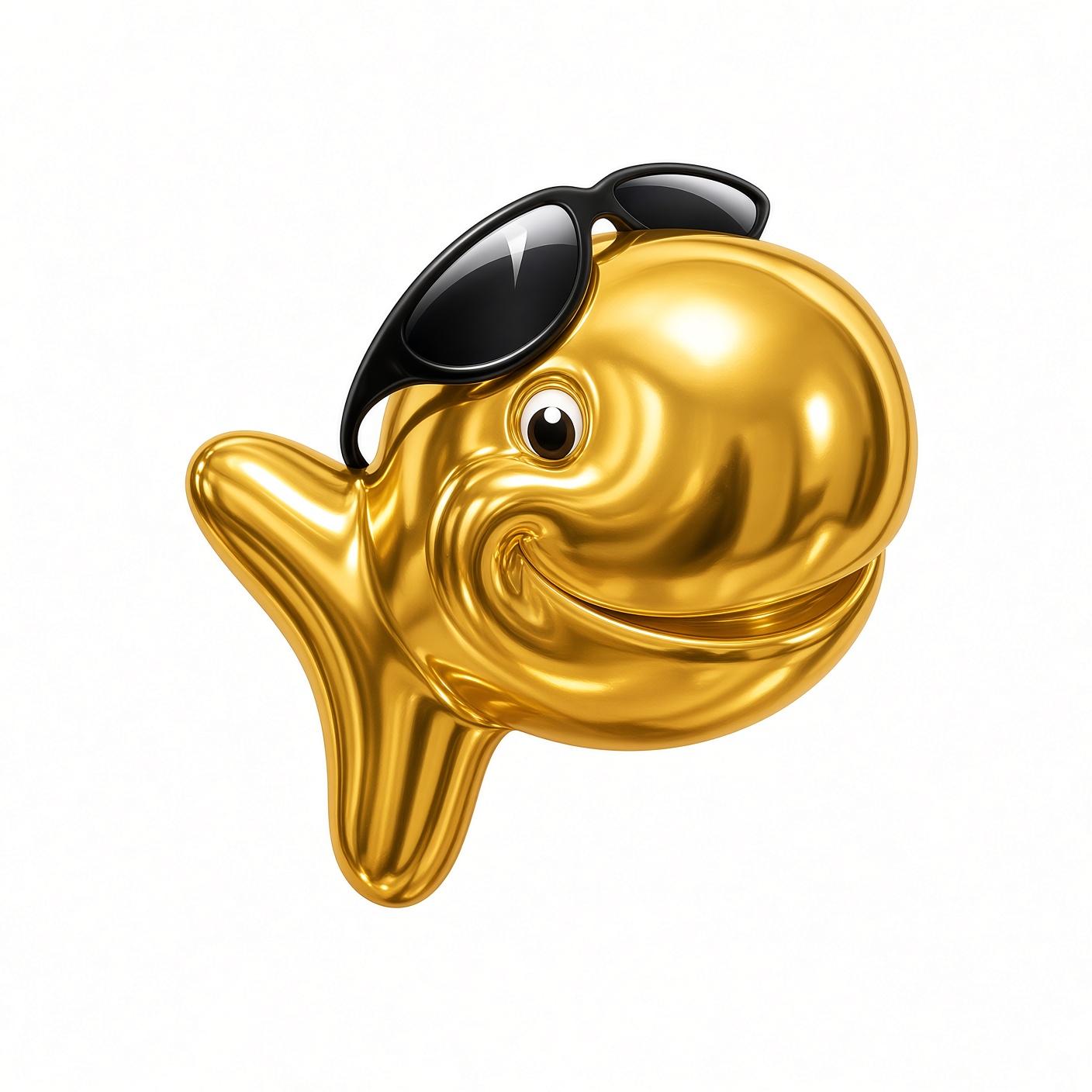 GLDFISH, a glossy solid gold fish mascot wearing black sunglasses on its head