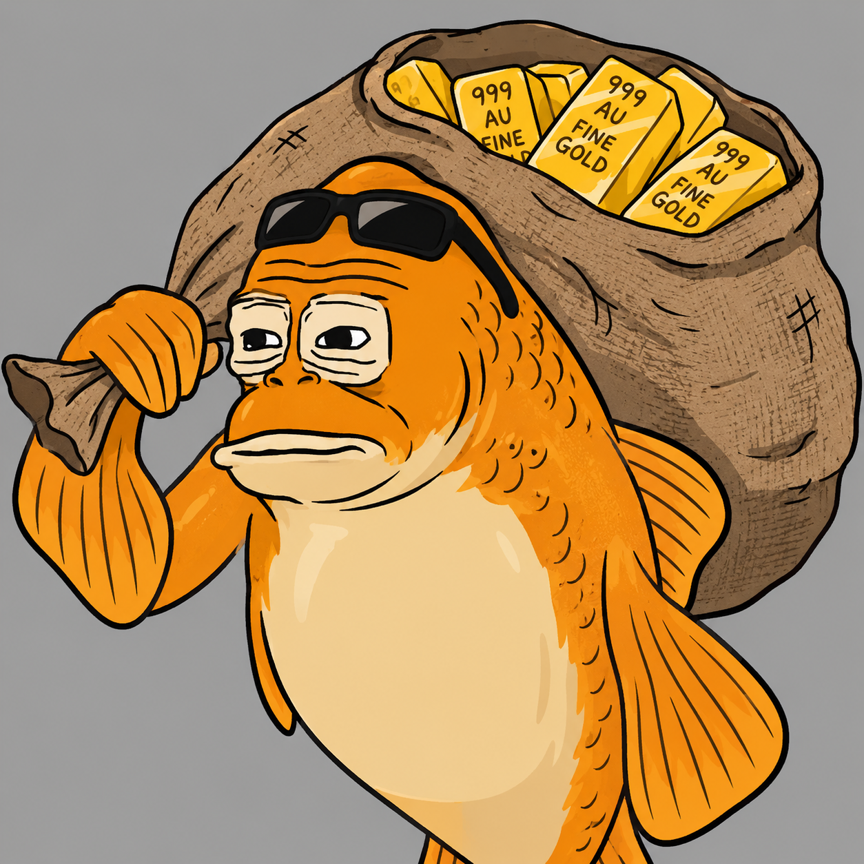 Goldfish, a gold fish mascot wearing black sunglasses and carrying a sack of gold bars